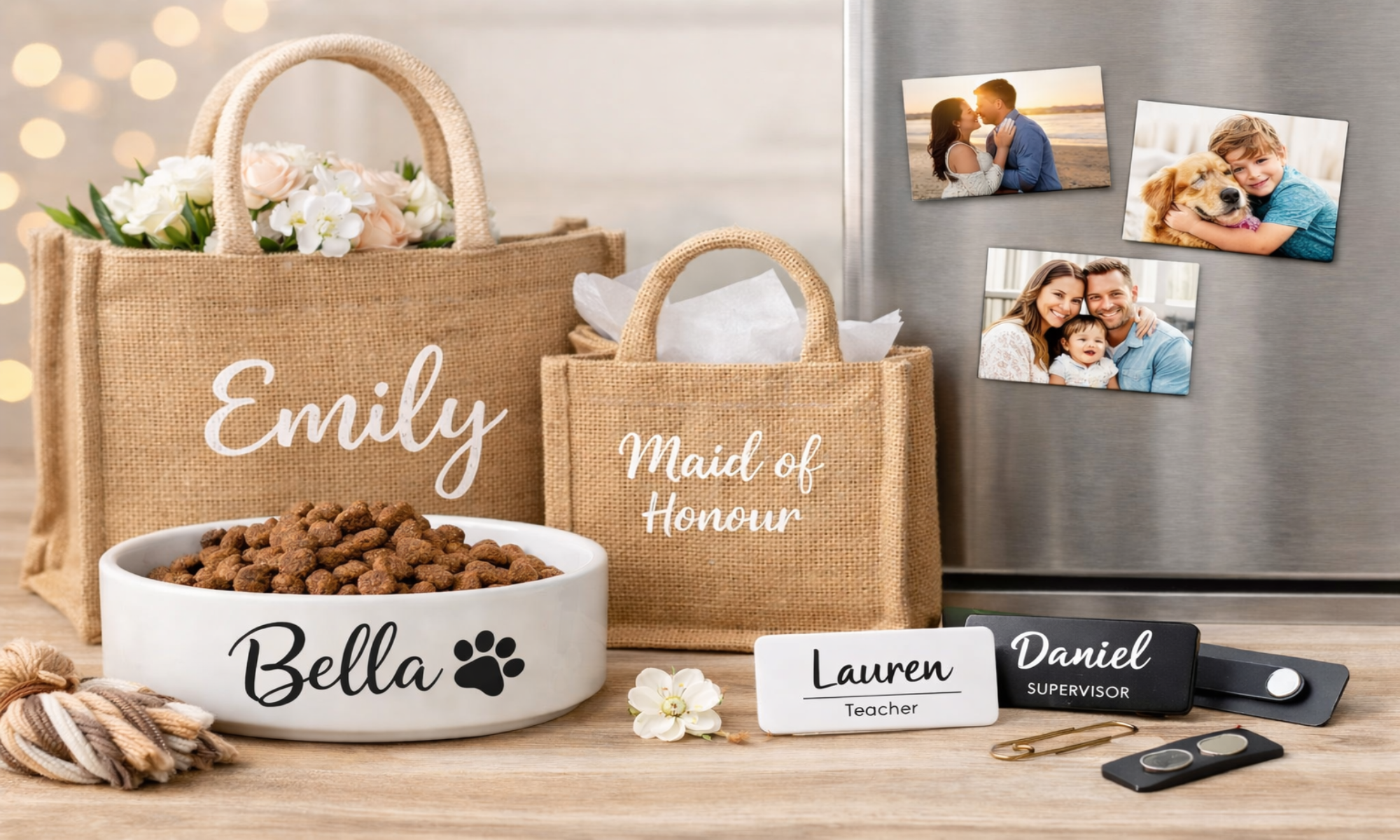 Personalized pet bowls and bags with names on a wooden surface.