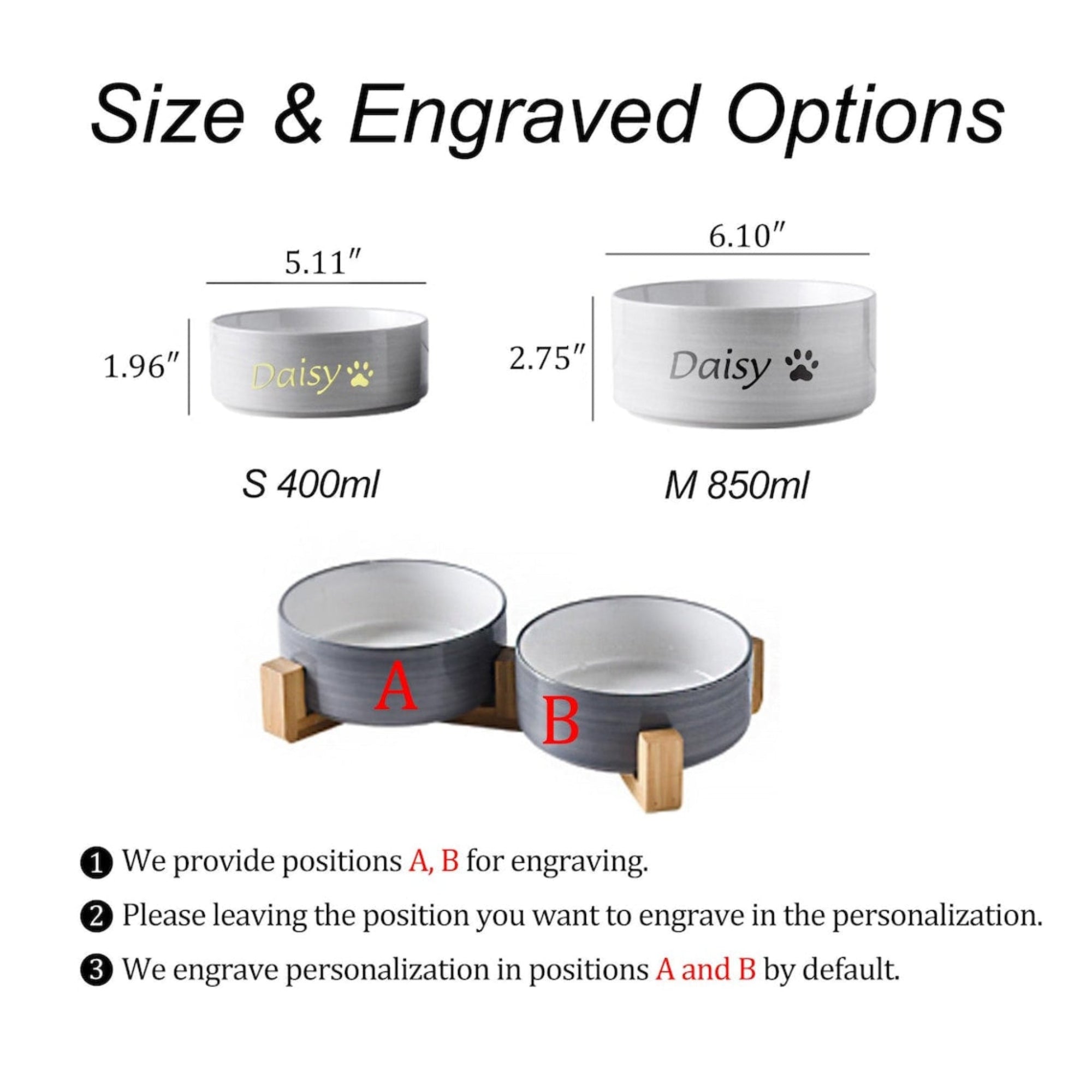 Pet bowls with engraved options and size measurements on a white background